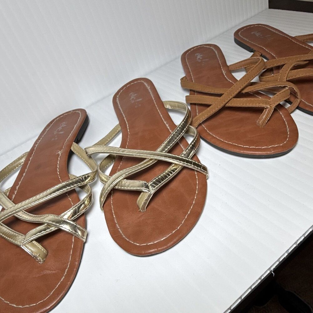 etco Strappy Flat Sandals Brown Gold Faux Leather Slip Women’s Size 8/9